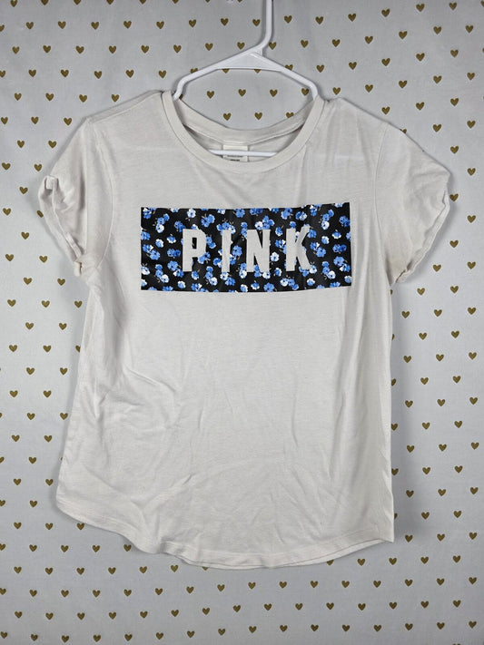 Victorias Secret PINK Floral White Logo Tee shirt MEDIUM