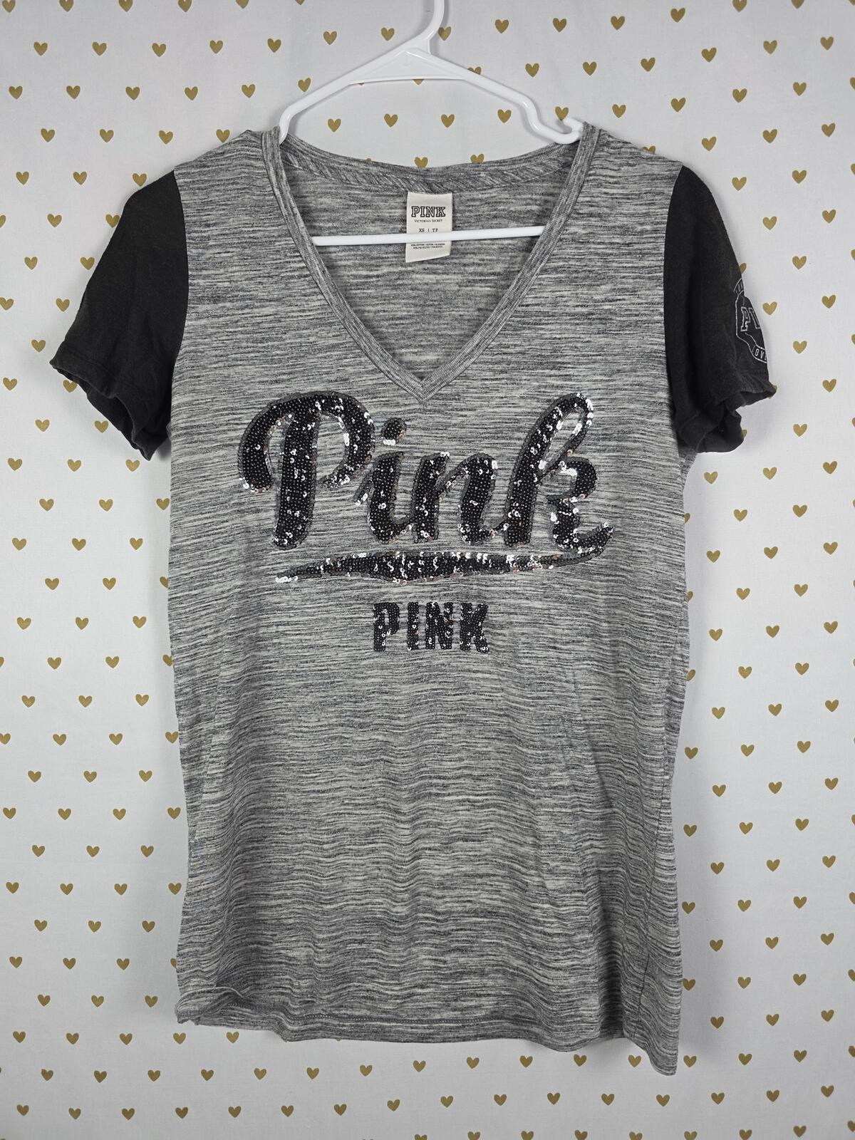 Victorias Secret PINK Colorblock Grey BLING Logo Tee Shirt XS