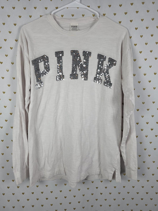 Victorias Secret PINK BLING Long Sleeve Sequined Tee Shirt Silver Logo SMALL