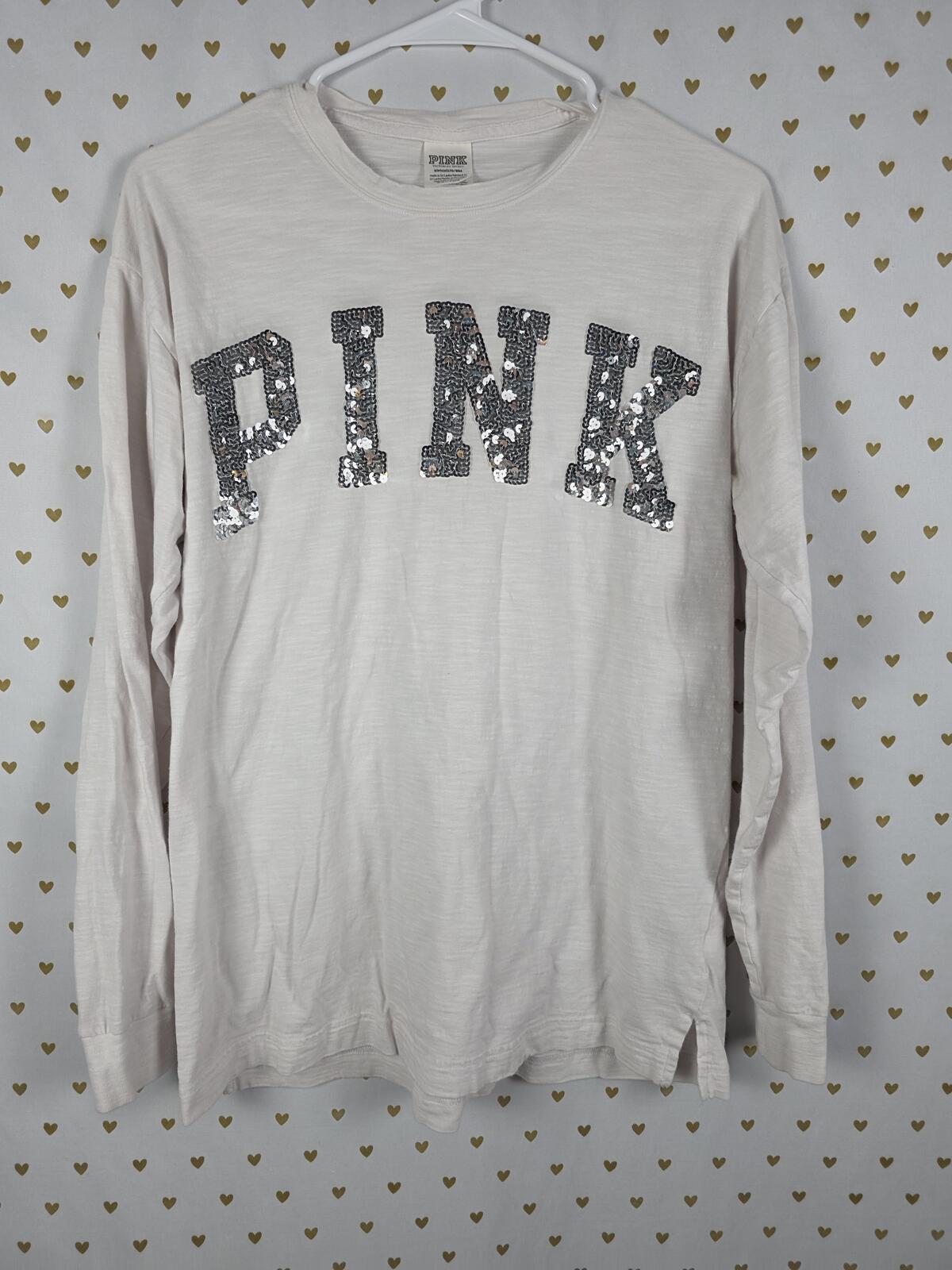 Victorias Secret PINK BLING Long Sleeve Sequined Tee Shirt Silver Logo SMALL