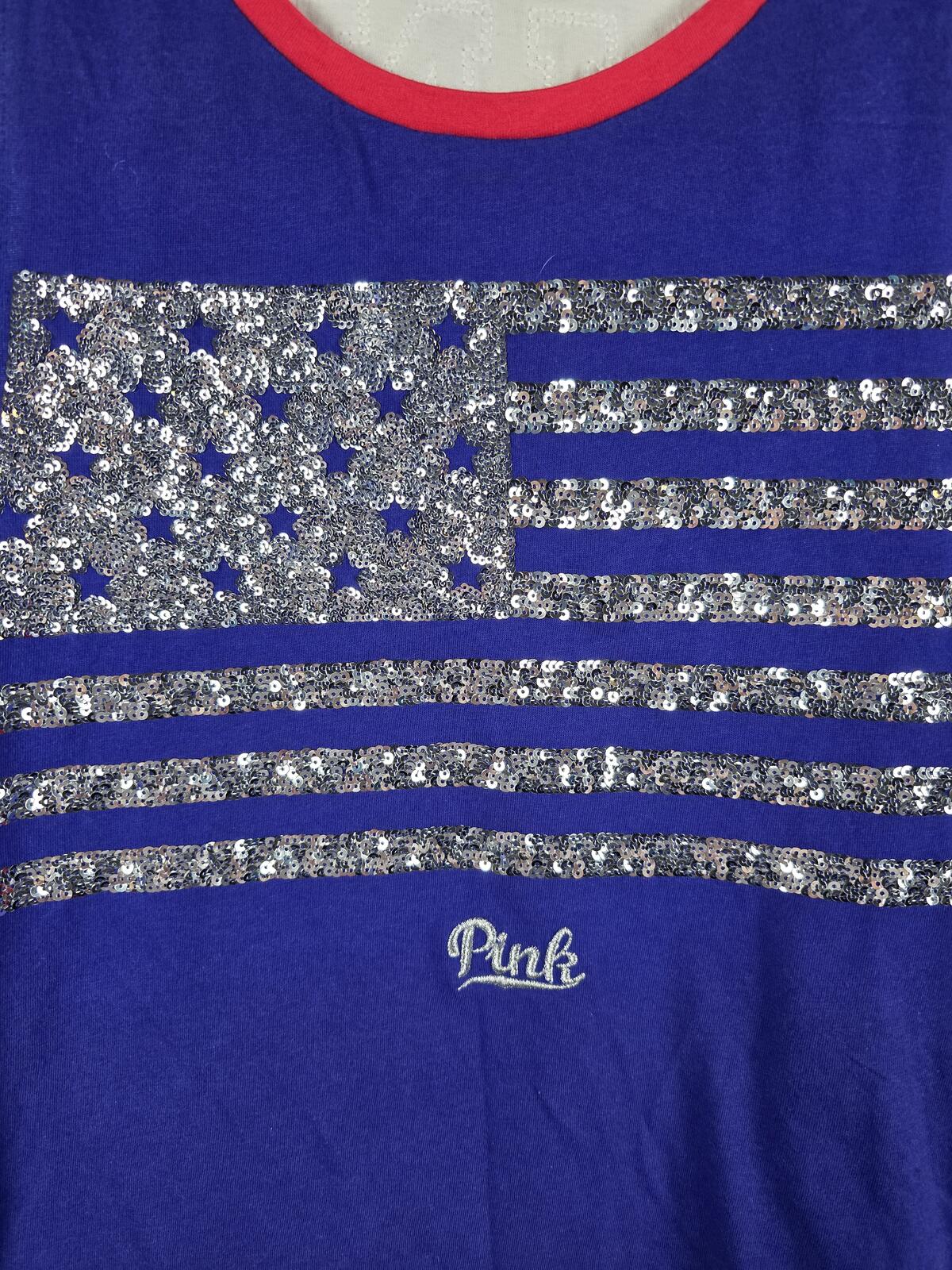 Victorias Secret PINK BLING Sequin AMERICA Silver USA Flag Tank Top Oversized