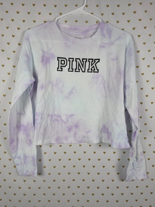 Victorias Secret PINK Tye Dye Long Sleeve Logo Cropped Tee shirt Purple SMALL