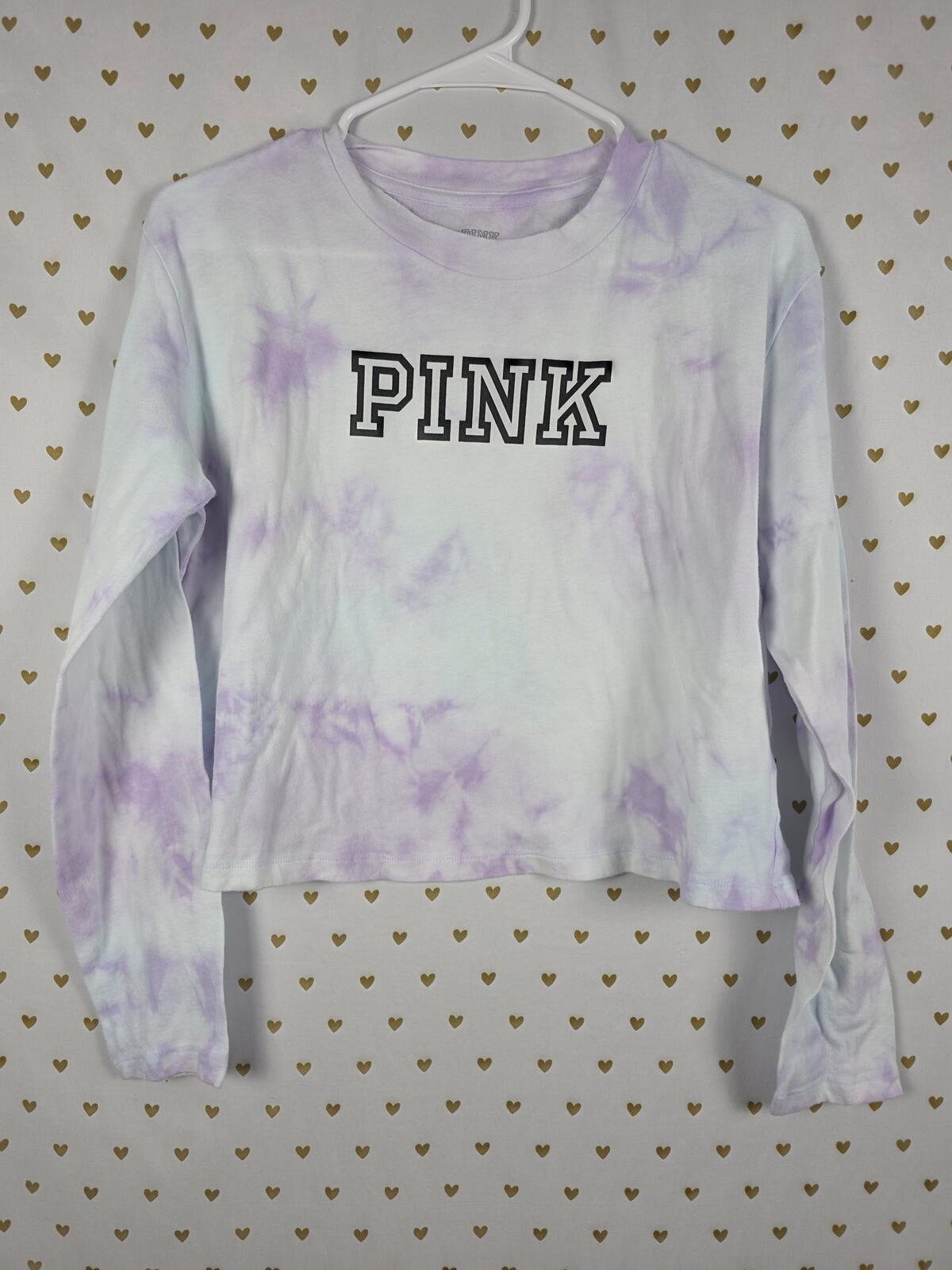 Victorias Secret PINK Tye Dye Long Sleeve Logo Cropped Tee shirt Purple SMALL