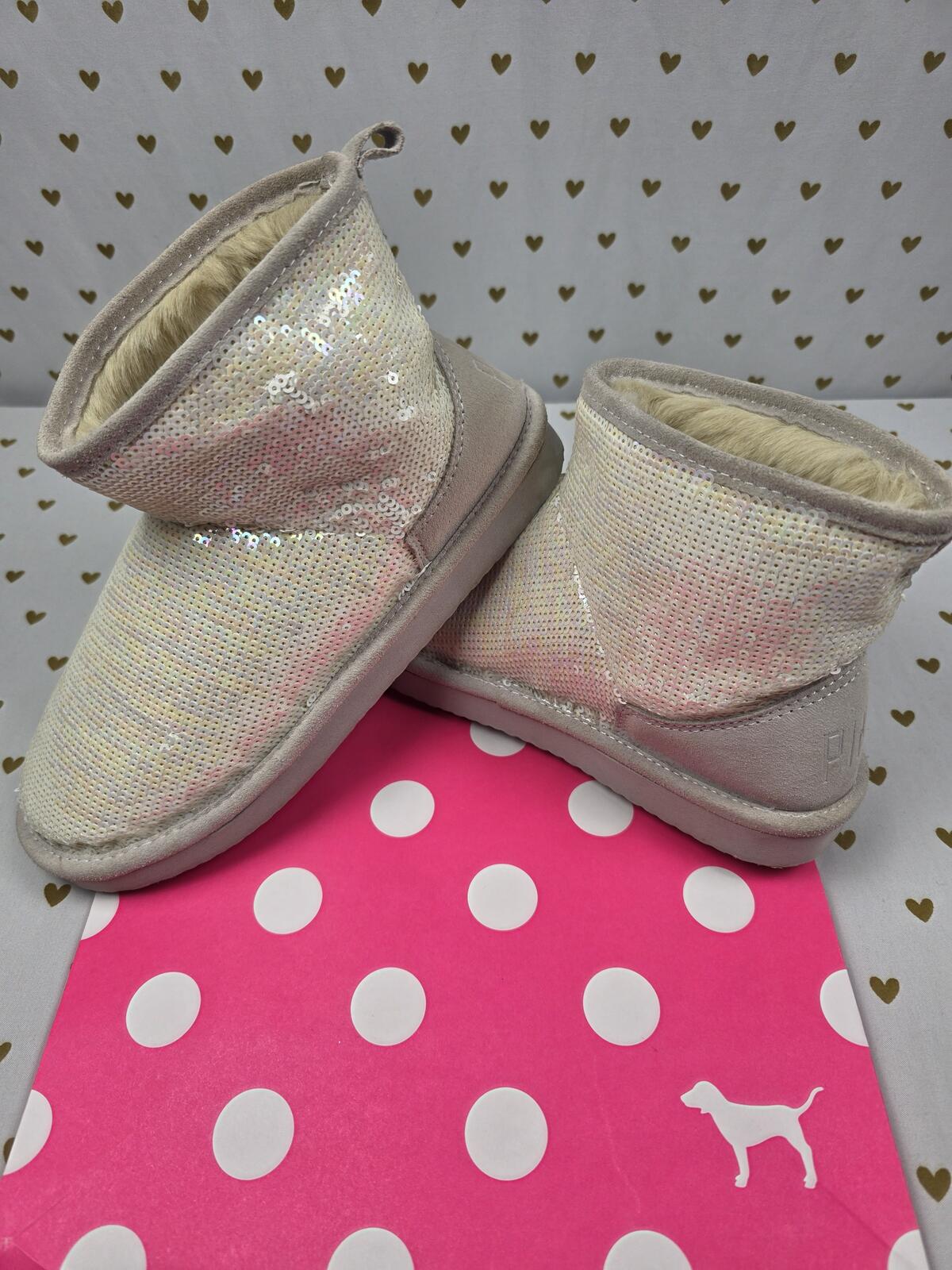 VIctorias secret PINK VINTAGE BLING Sequined Fur Lined Boots Sz 8