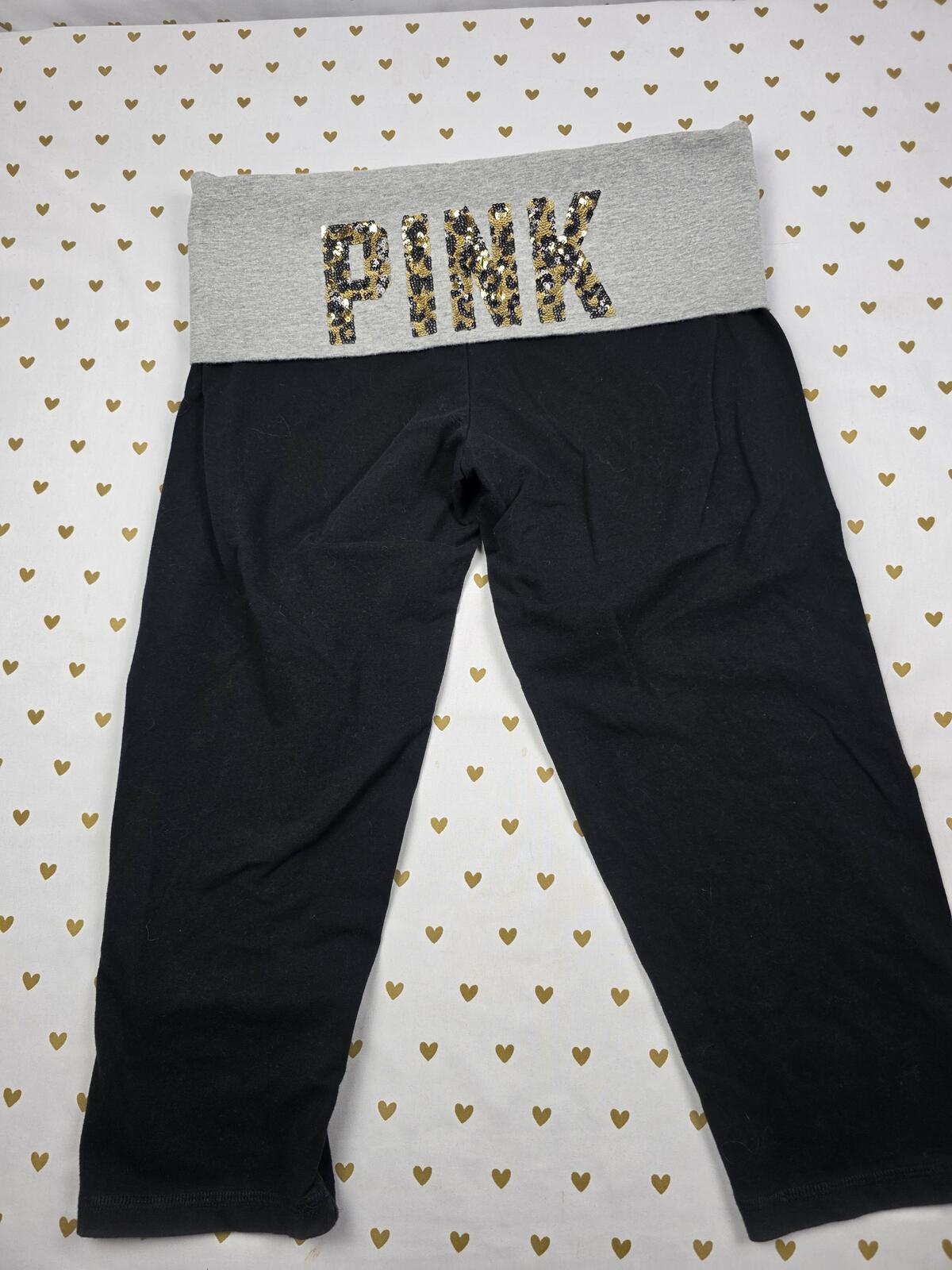 Victorias Secret PINK CHEETAH LEOPARD Bling FOLDOVER Yoga Pants Capri MEDIUM