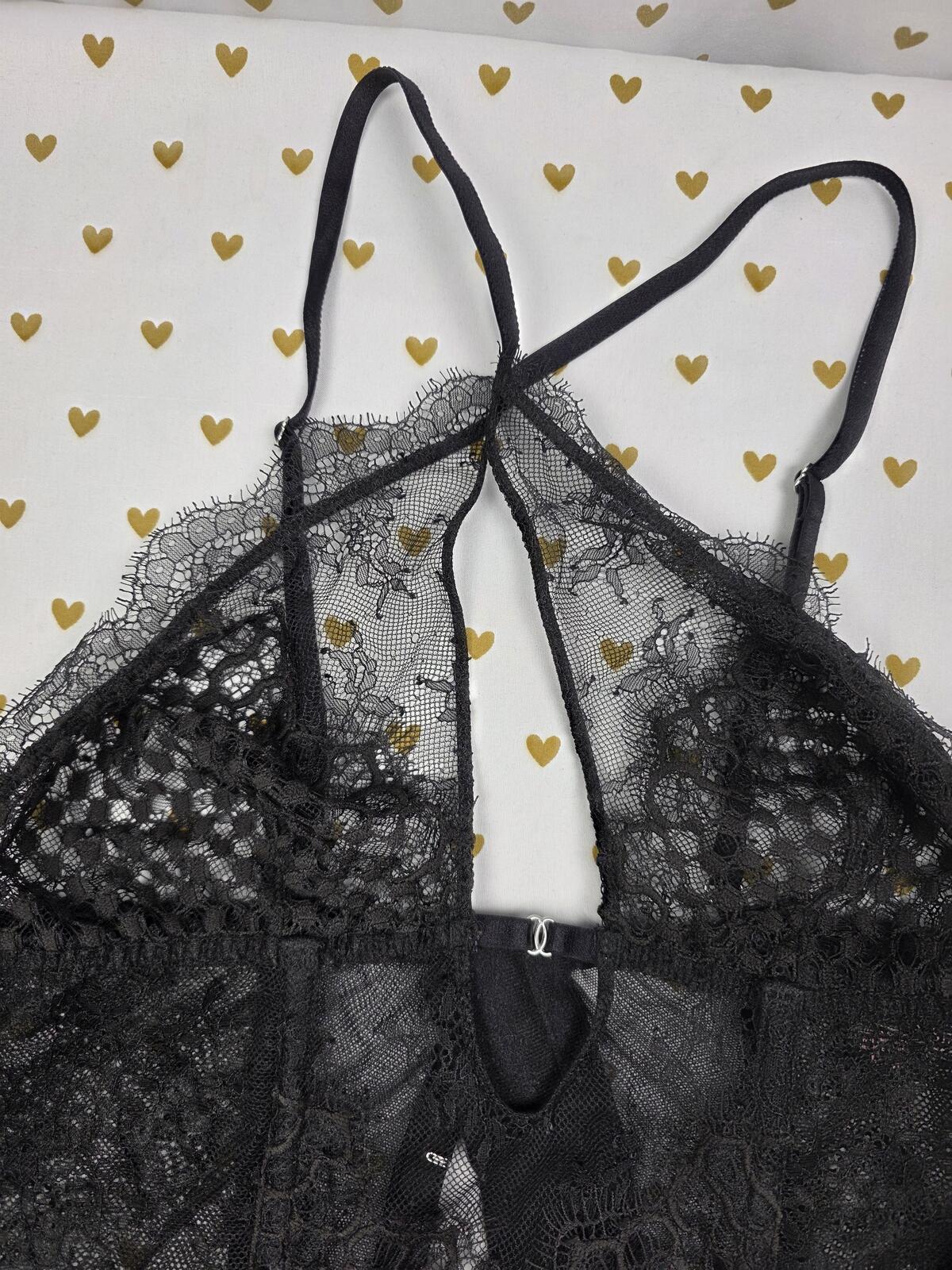 Victorias Secret Strappy Lace Garter Lingerie Bodysuit Corset Sheer Black MEDIUM