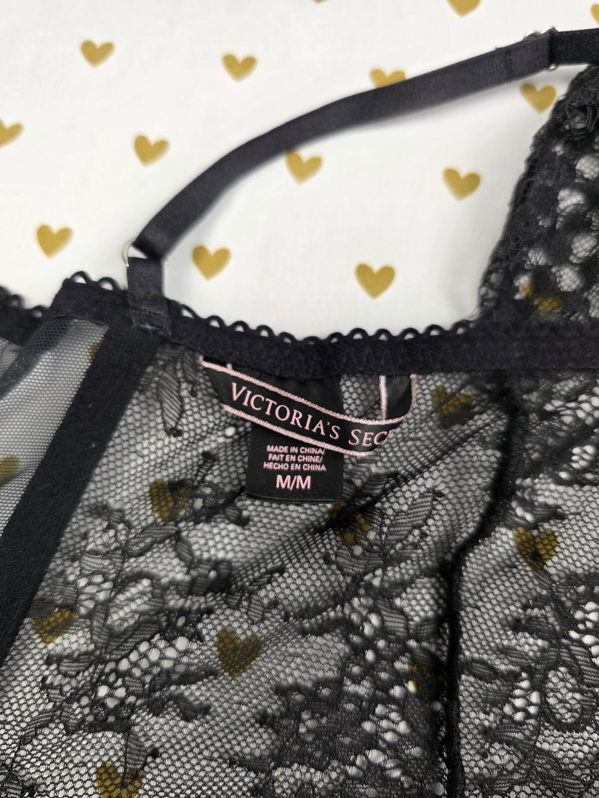 Victorias Secret Strappy Lace Garter Lingerie Bodysuit Corset Sheer Black MEDIUM