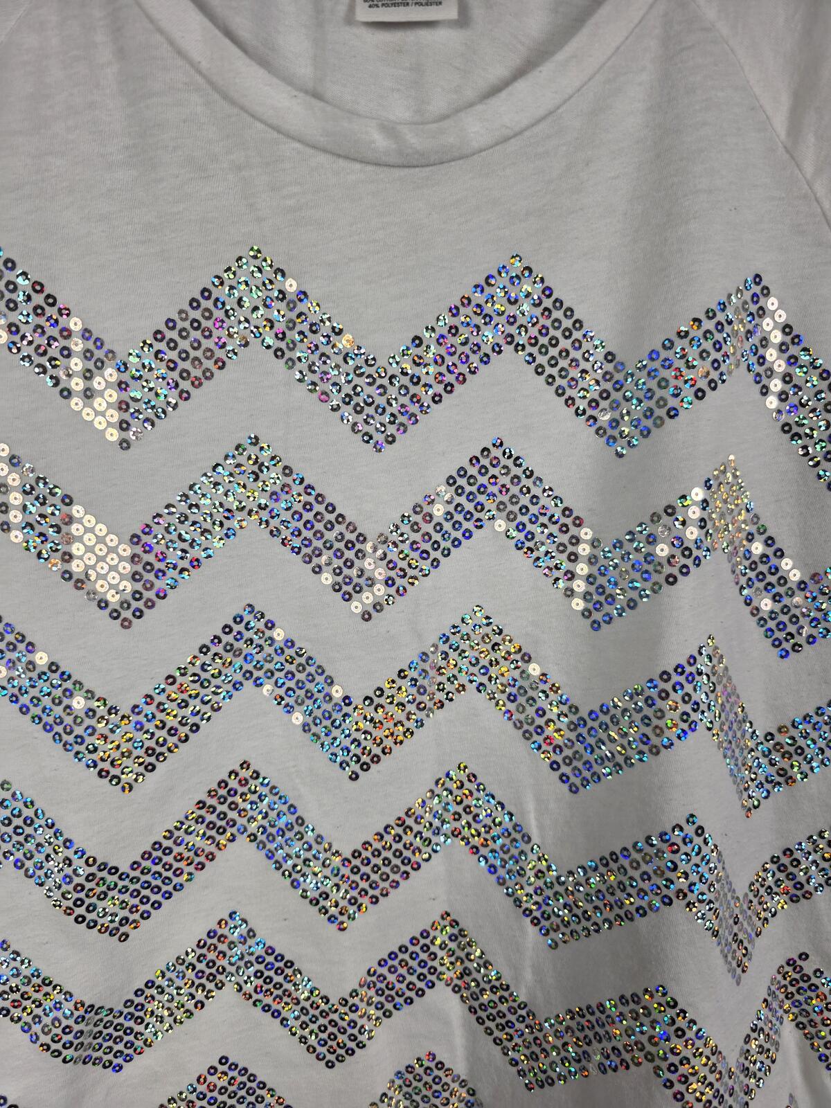Victorias Secret PINK Chevron BLING Sequined Tee Shirt White Small
