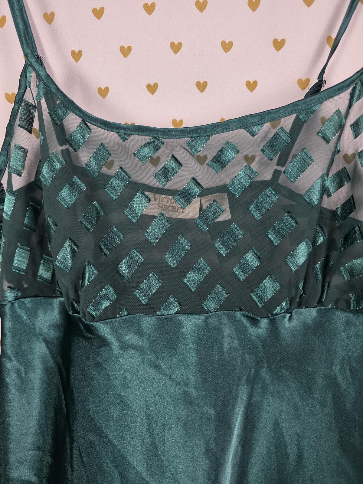 Victorias Secret Gold Label GREEN Sheer Top Slip Dress Satin Vintage LARGE