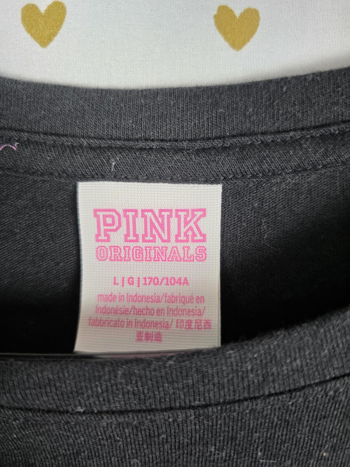 Victorias Secret PINK LOVE Heart CAMPUS ORIGINALS Black Tee Shirt Large