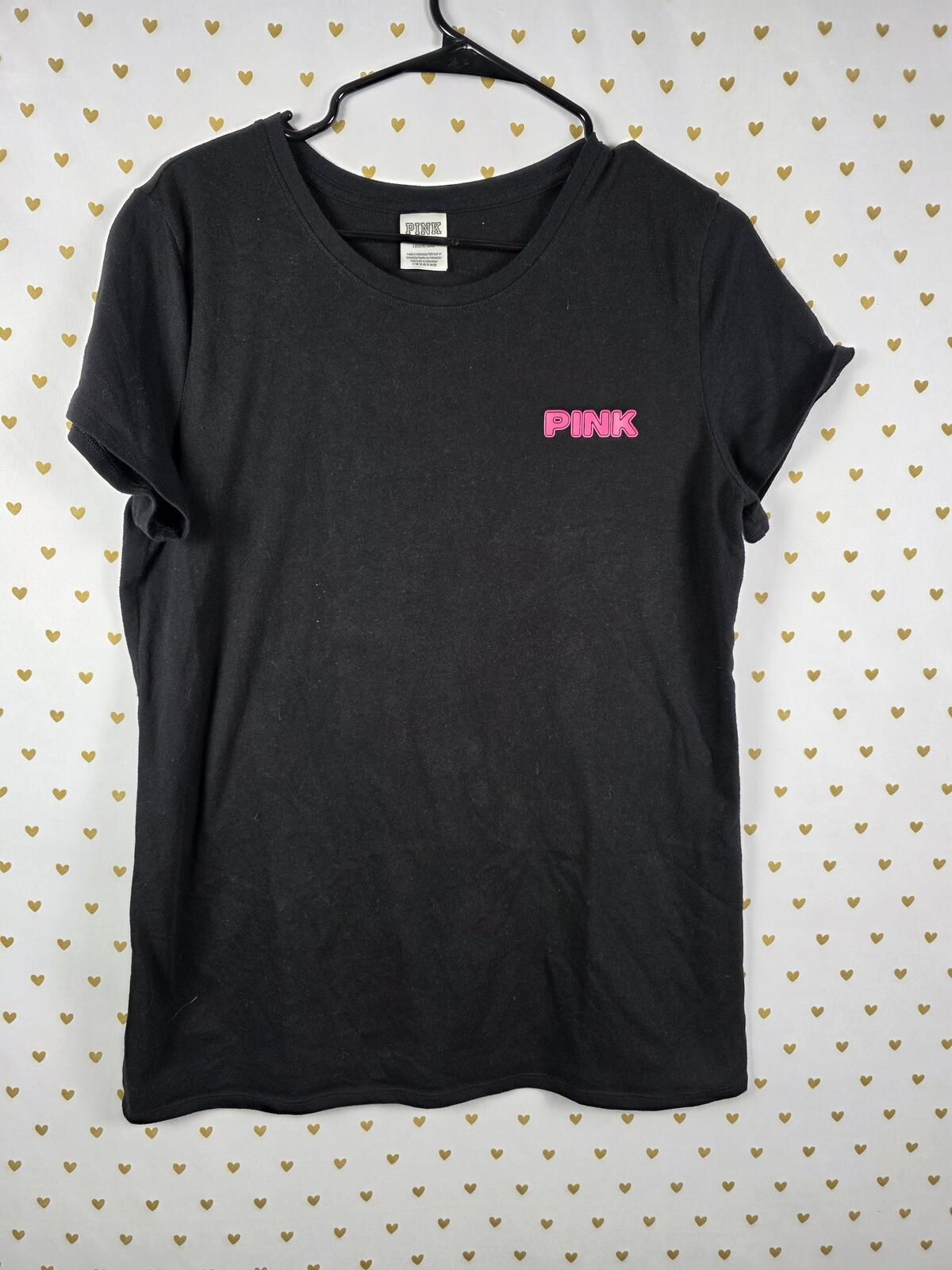 Victorias Secret PINK Bling STUDDED Neon Logo Black Tee Shirt LARGE
