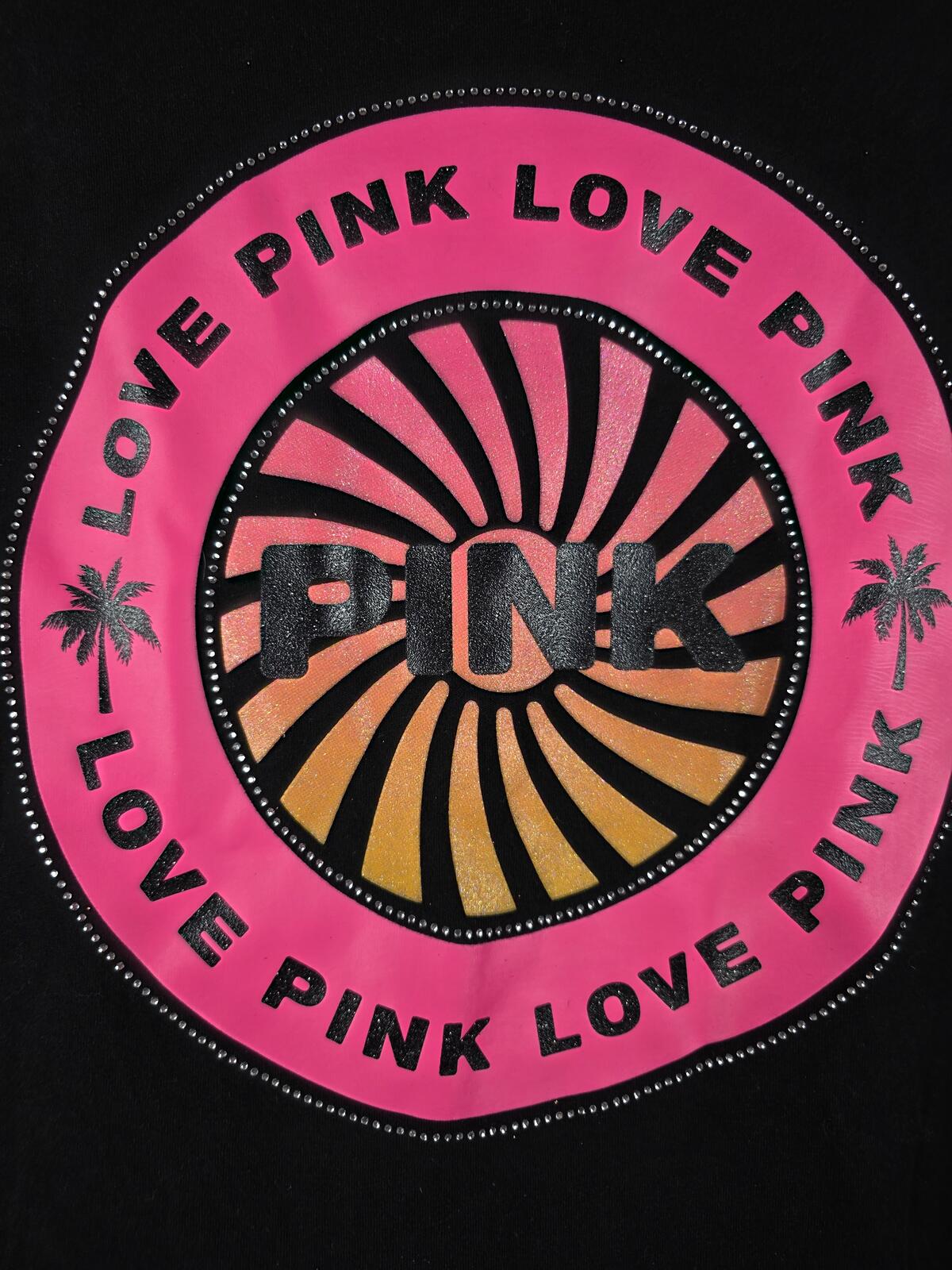 Victorias Secret PINK Bling STUDDED Neon Logo Black Tee Shirt LARGE