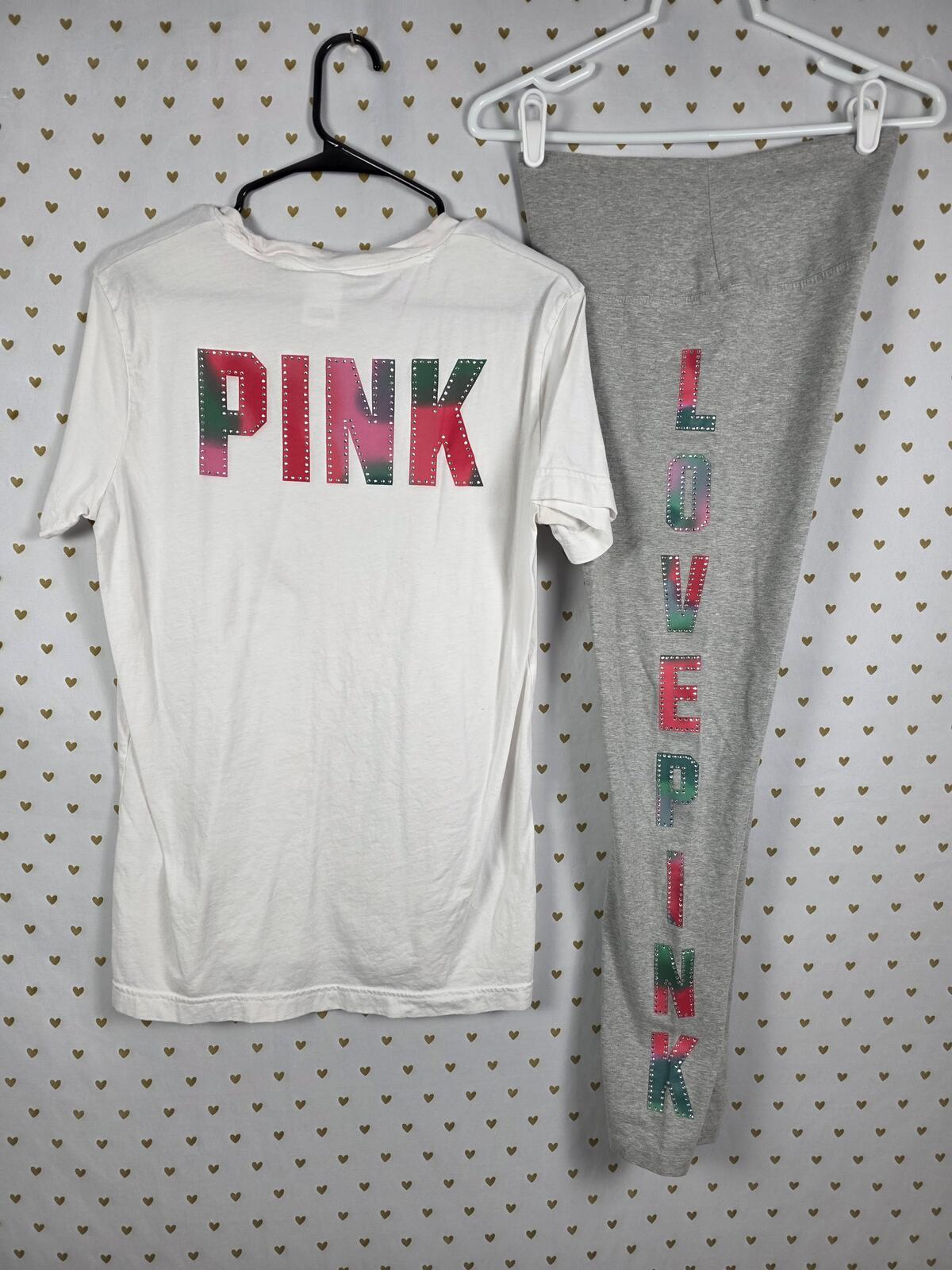 Victorias Secret PINK BLING Studded TEe Shirt & NWT Leggings Yoga Pants SET SM M