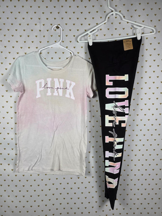 Victorias Secret PINK NWT Yoga Pants & matching TEE SHIRT SET 2pc XS Rainbow