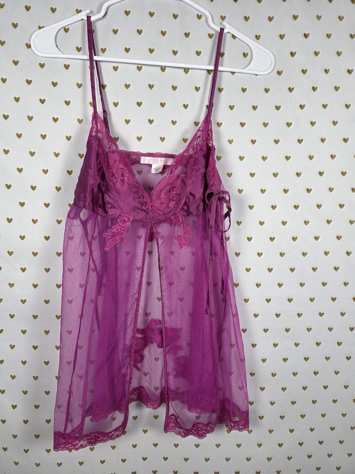 Victorias Secret Purple Silk Babydoll Mesh Dress Nightie Lingerie Vintage MEDIUM