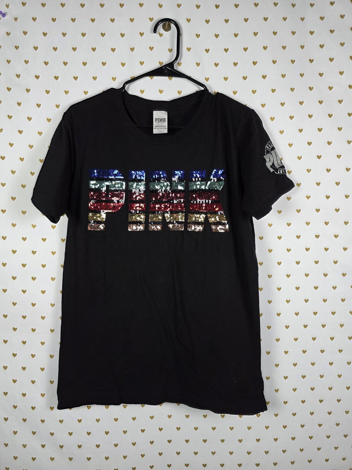 Victorias Secret PINK Sequined Bling Rainbow Logo Tee Shirt Small