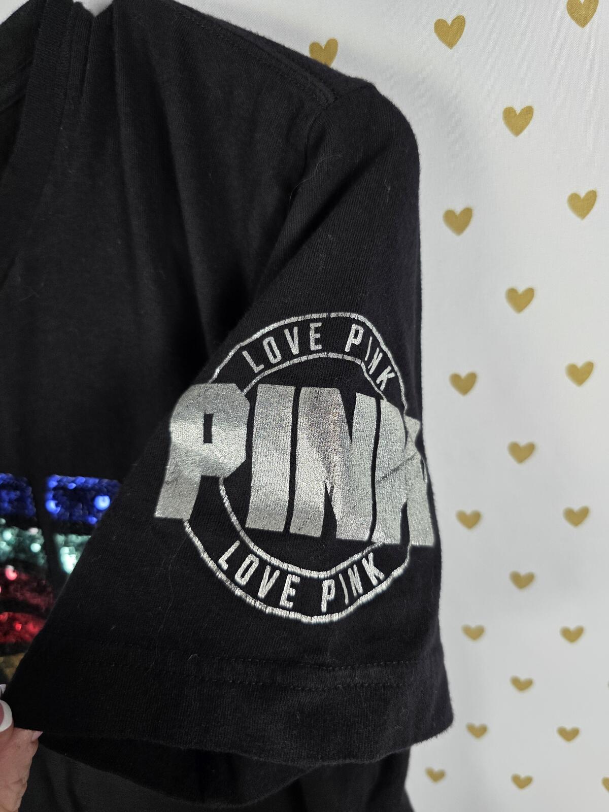 Victorias Secret PINK Sequined Bling Rainbow Logo Tee Shirt Small
