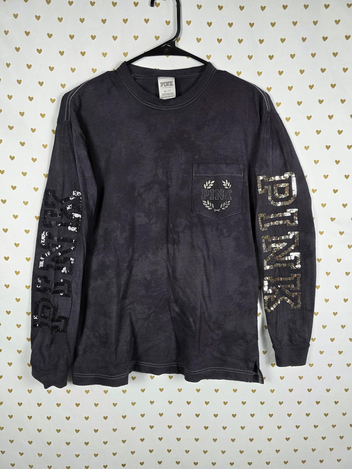 Victorias Secret PINK Bling Long sleeve Tye Dye Campus Tee Shirt Crest Logo XS