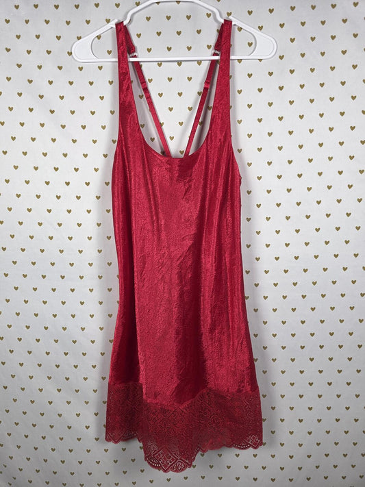 Victorias Secret Vintage Gold Label Medium Red Crushed Satin Strappy Slip Dress
