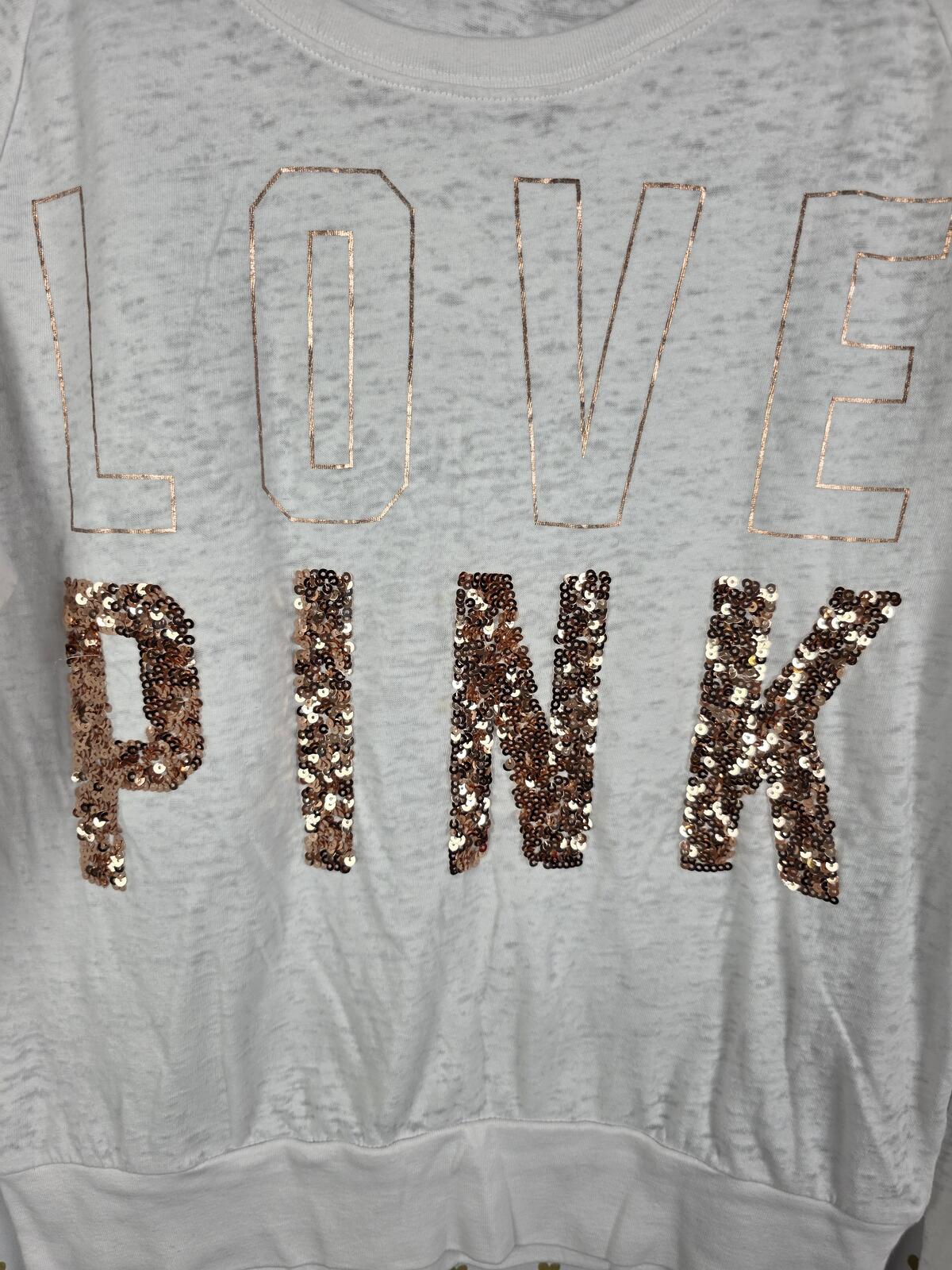 Victorias Secret PINK White long Sleve Gold Bling Tee Shirt Logo MEDIUM