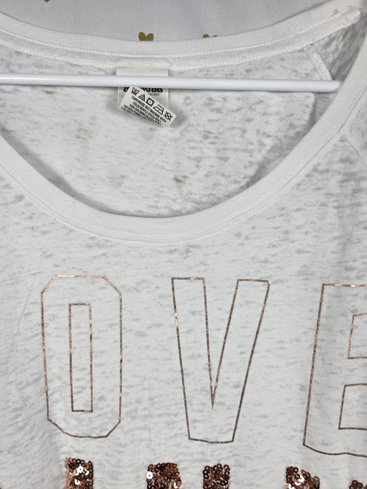 Victorias Secret PINK White long Sleve Gold Bling Tee Shirt Logo MEDIUM