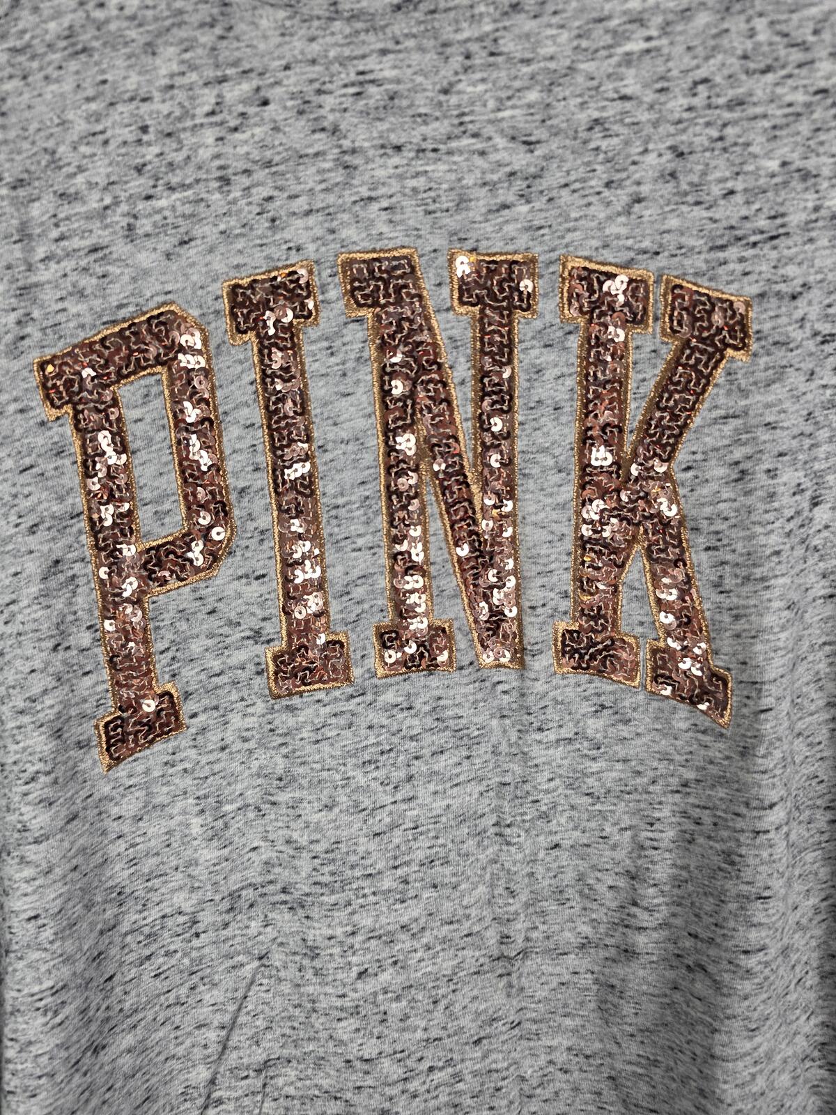 Victorias Secret PINK Long Sleeve Grey Gold Bling SEQUINED Tee Shirt MEDIUM