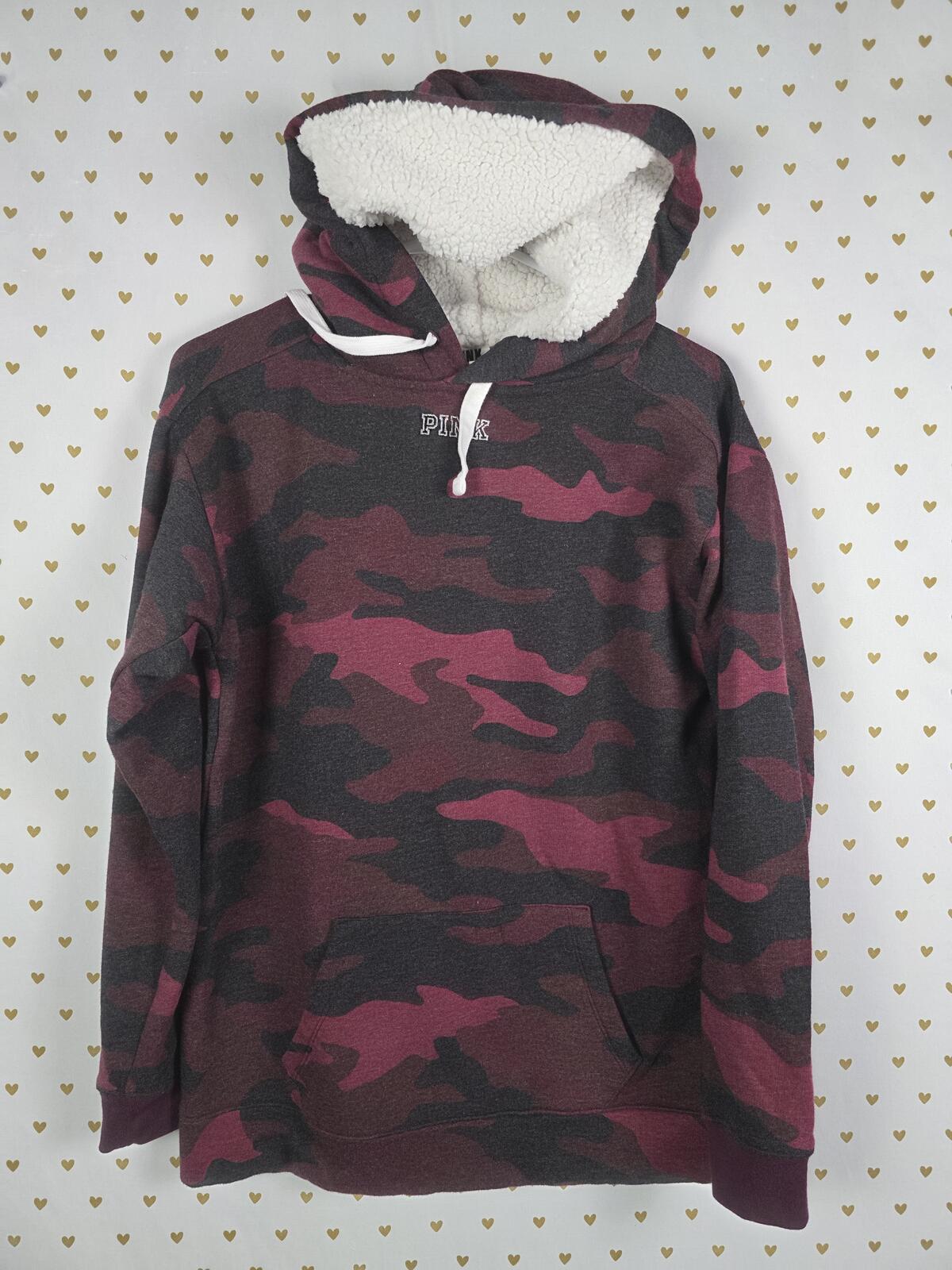 Victorias Secret Pink Sherpa Lined Hood RED Camo BLING Sequined Pullover Sweater
