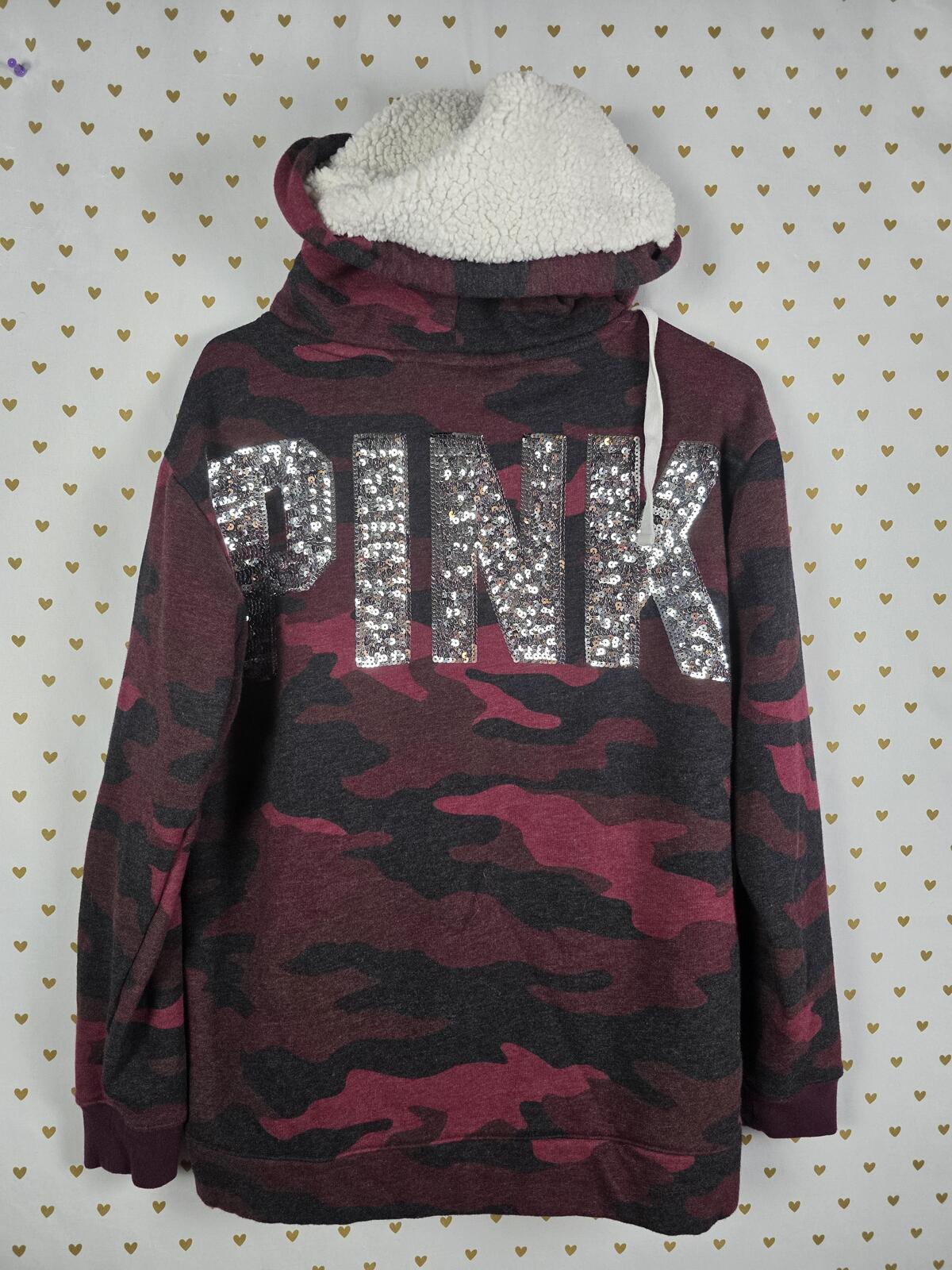 Victorias Secret Pink Sherpa Lined Hood RED Camo BLING Sequined Pullover Sweater