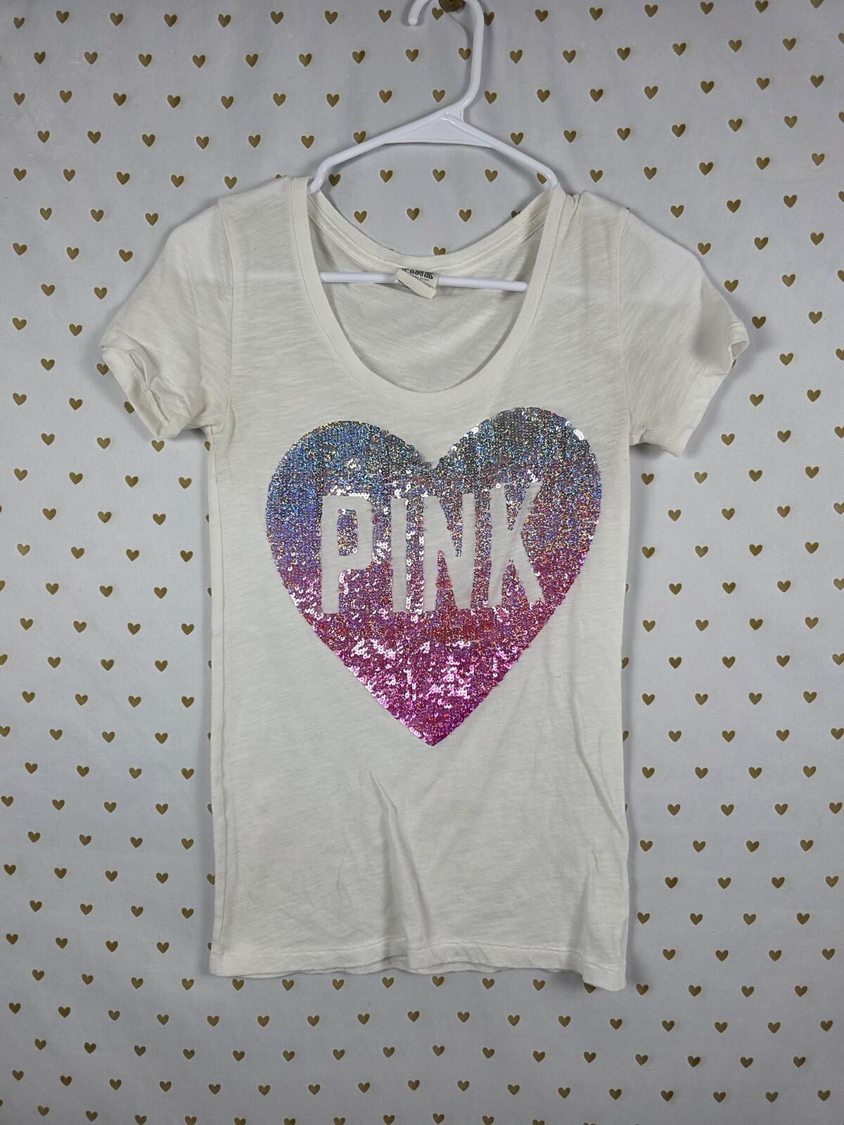 Victorias Secret PINK Vintage Y2k HEART BLING White Tee shirt XS Sequined
