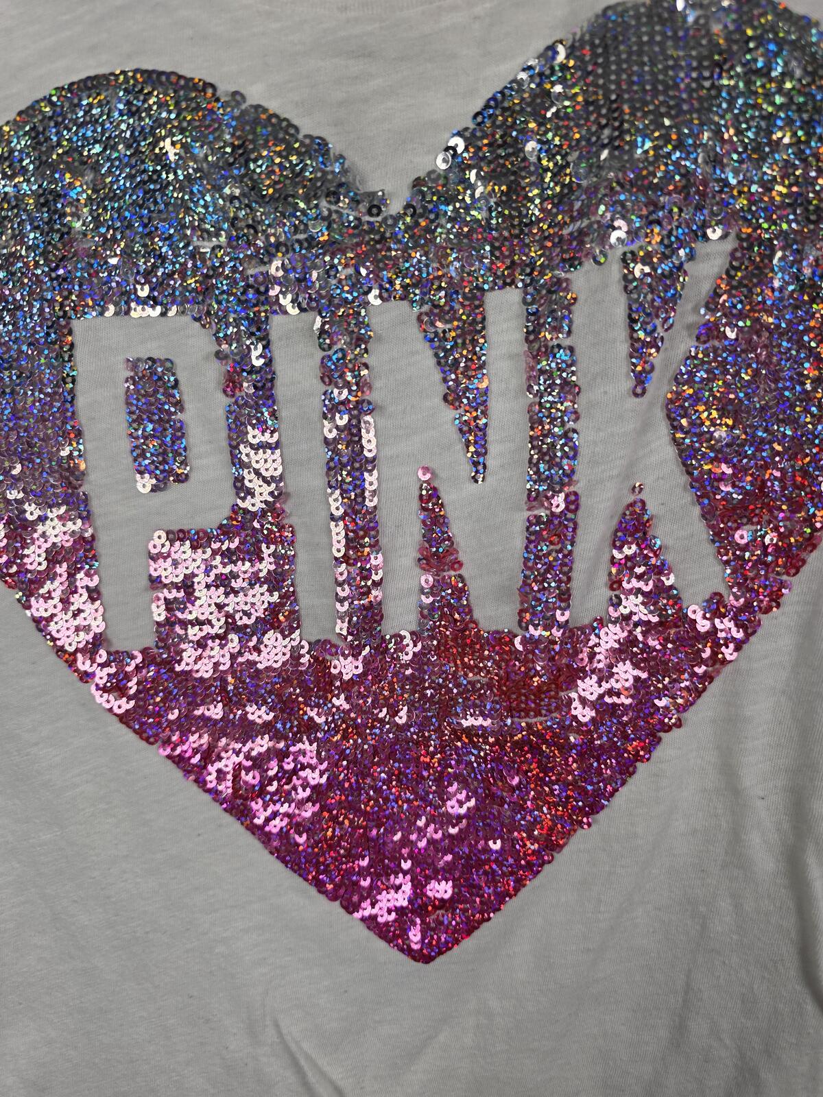 Victorias Secret PINK Vintage Y2k HEART BLING White Tee shirt XS Sequined