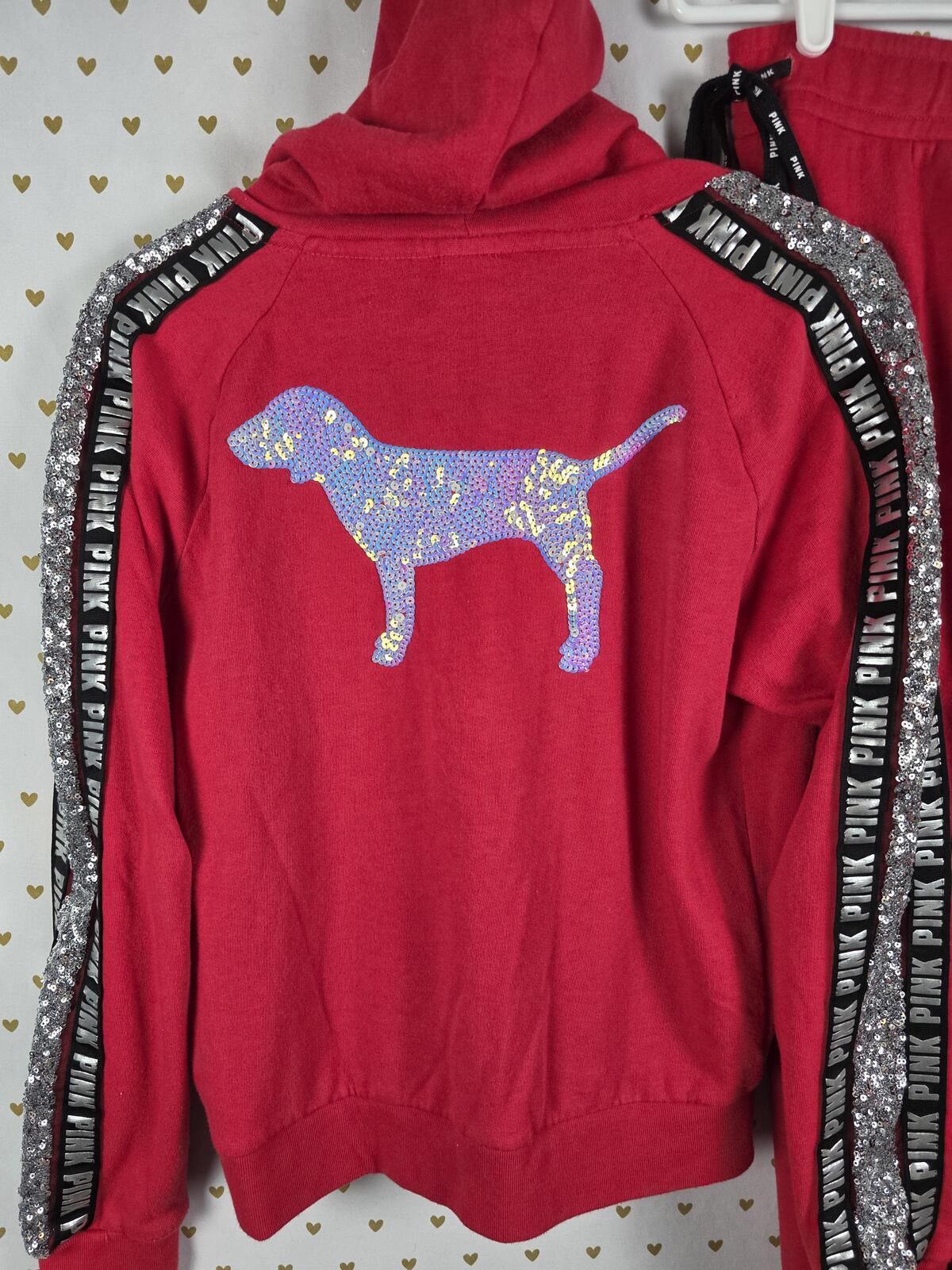 Victorias Secret Pink RED BLING DOG Full Sequined Hoodie Joggers Sweats SET 2PC