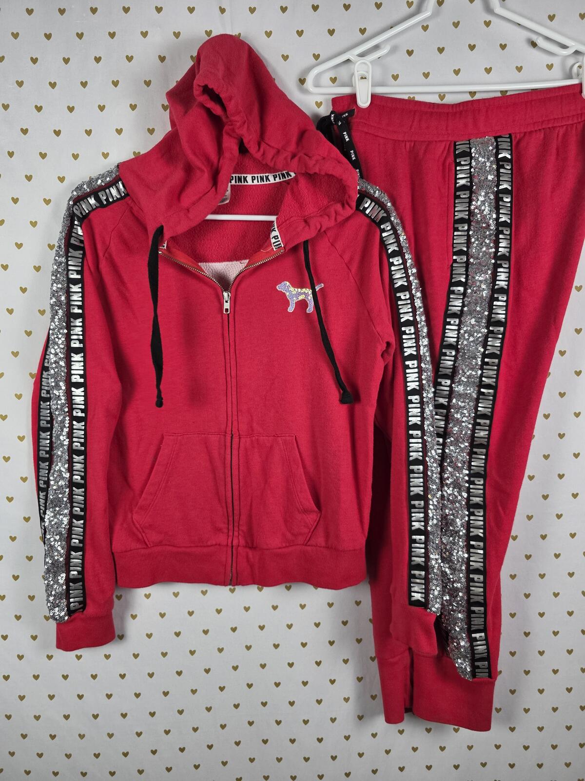 Victorias Secret Pink RED BLING DOG Full Sequined Hoodie Joggers Sweats SET 2PC