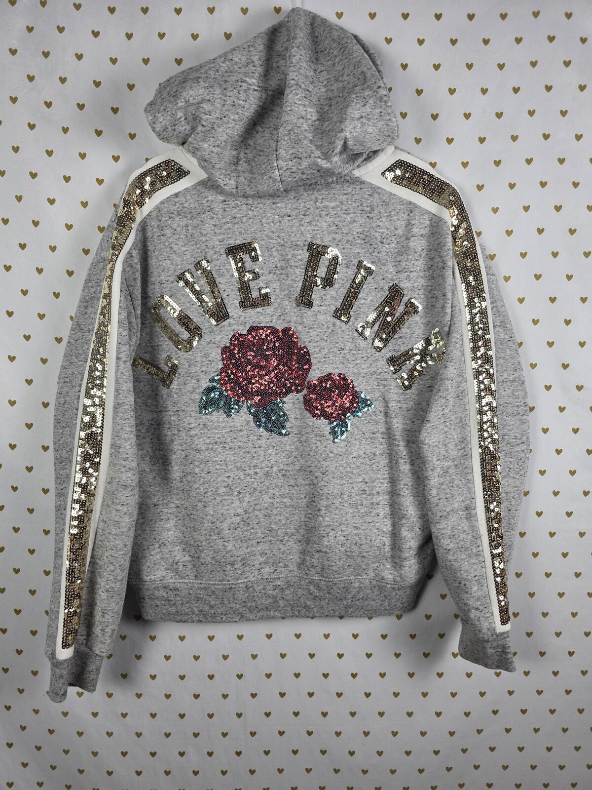 Victorias Secret Pink BLING SEQUINED Rose LOVE Pullover Hoodie Sweater Medium