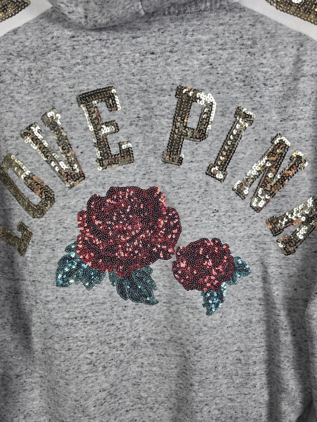 Victorias Secret Pink BLING SEQUINED Rose LOVE Pullover Hoodie Sweater Medium