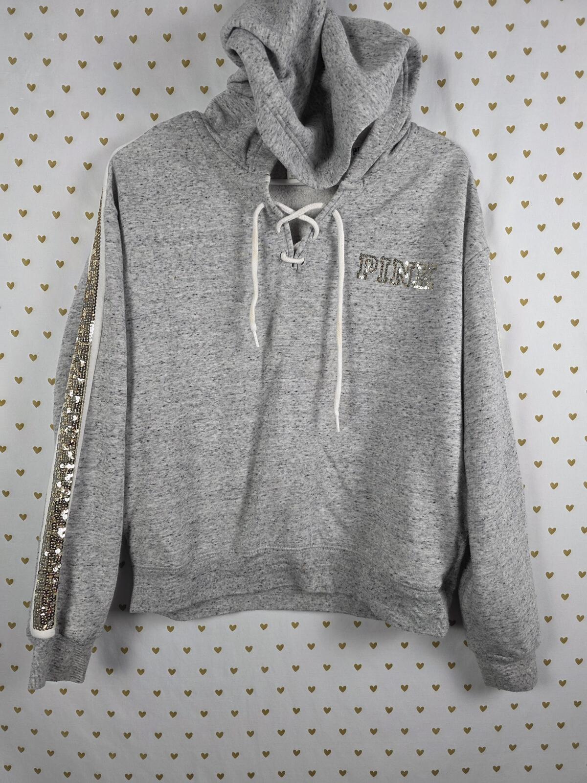 Victorias Secret Pink BLING SEQUINED Rose LOVE Pullover Hoodie Sweater Medium