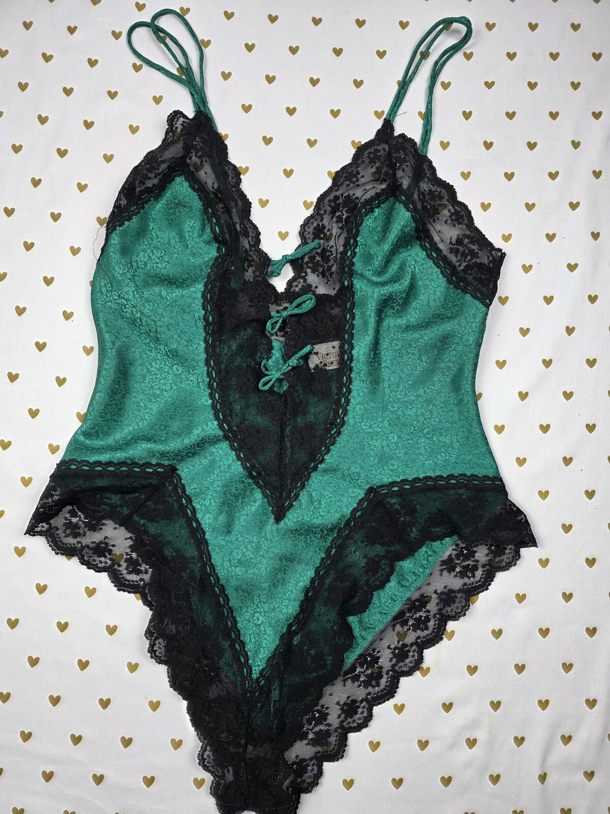 Victorias Secret VINTAGE Gold Label Satin Lace Teddy Lingerie Bodysuit Tie Front