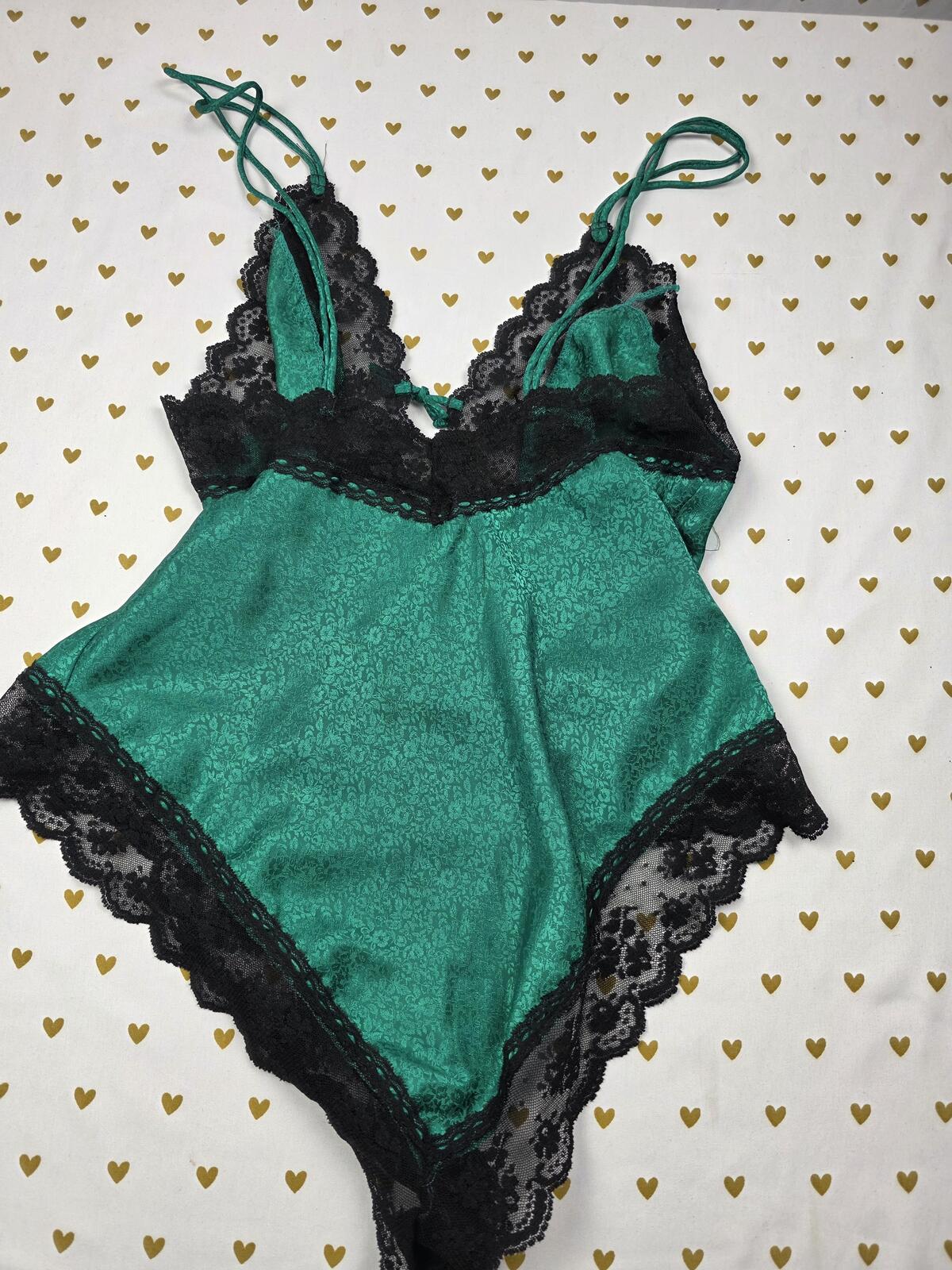 Victorias Secret VINTAGE Gold Label Satin Lace Teddy Lingerie Bodysuit Tie Front