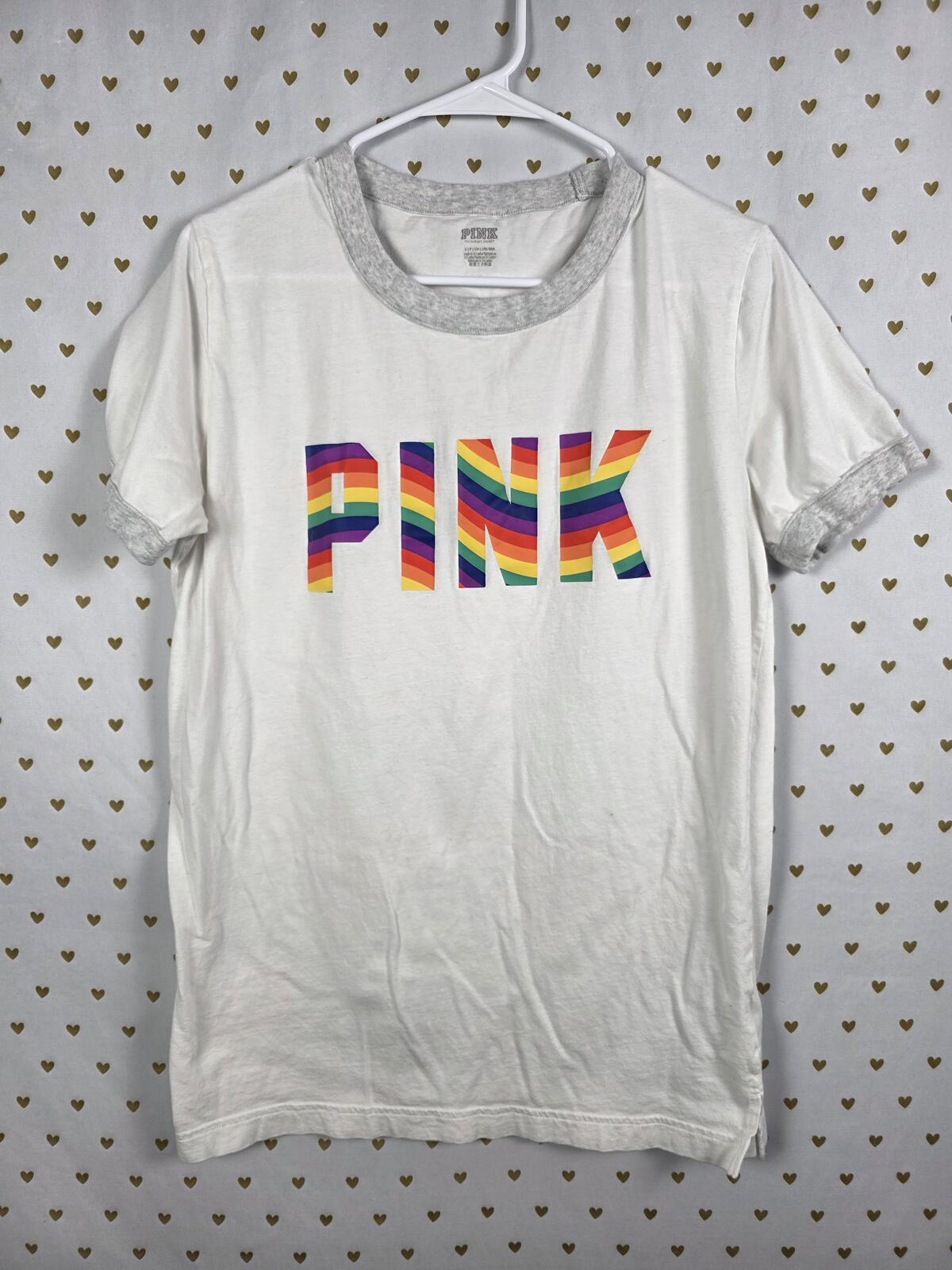 Victorias Secret PINK Rainbow Logo Ringer Tee shirt White Small