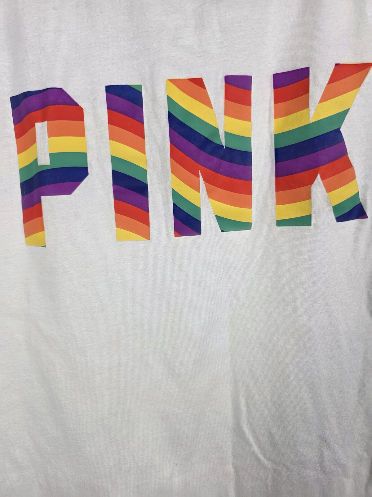 Victorias Secret PINK Rainbow Logo Ringer Tee shirt White Small