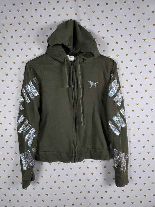 Victorias Secret Pink Green BLING SEQUINED Logo Full Zip Hoodie Jacket Small