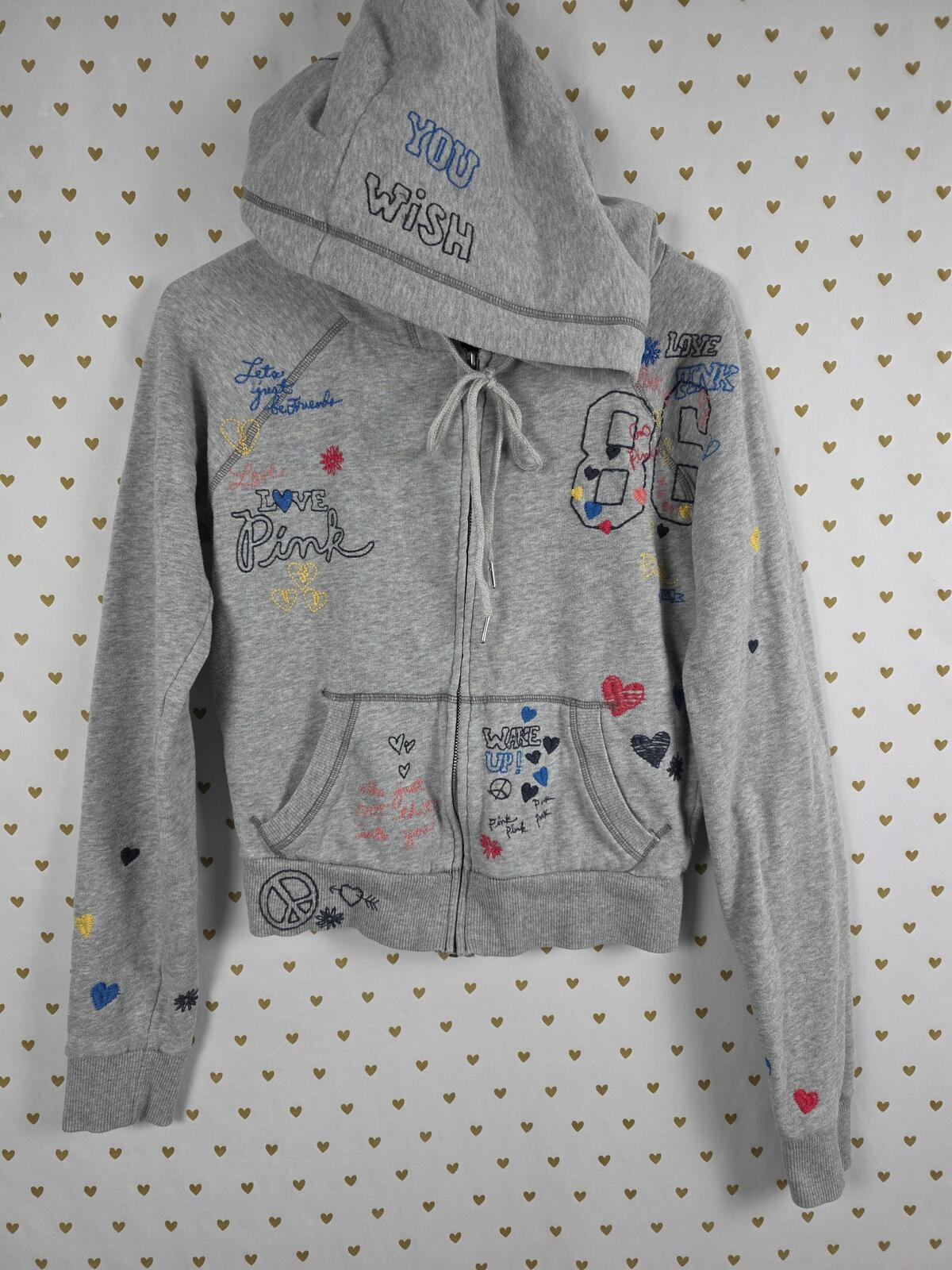 Victorias Secret Pink RARE Vintage Stitched Graffitti Hoodie Jacket Y2k SMALL