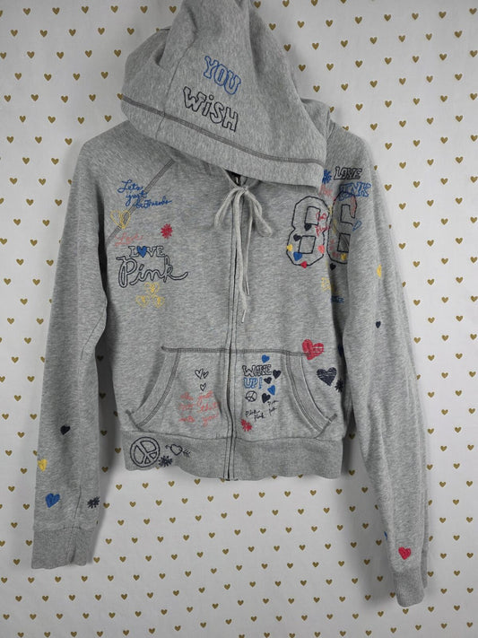 Victorias Secret Pink RARE Vintage Stitched Graffitti Hoodie Jacket Y2k SMALL