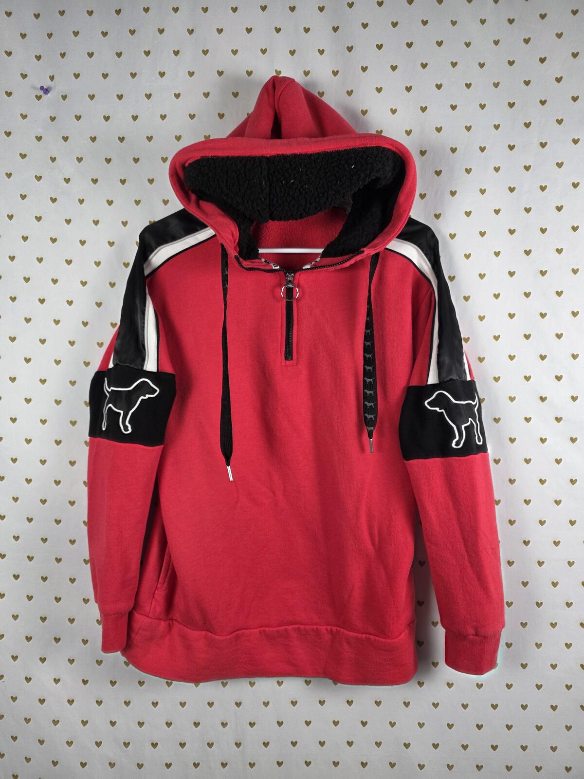 Victorias Secret Pink DOG LOGO Sherpa hoodie Sweater Pullover RED Xs
