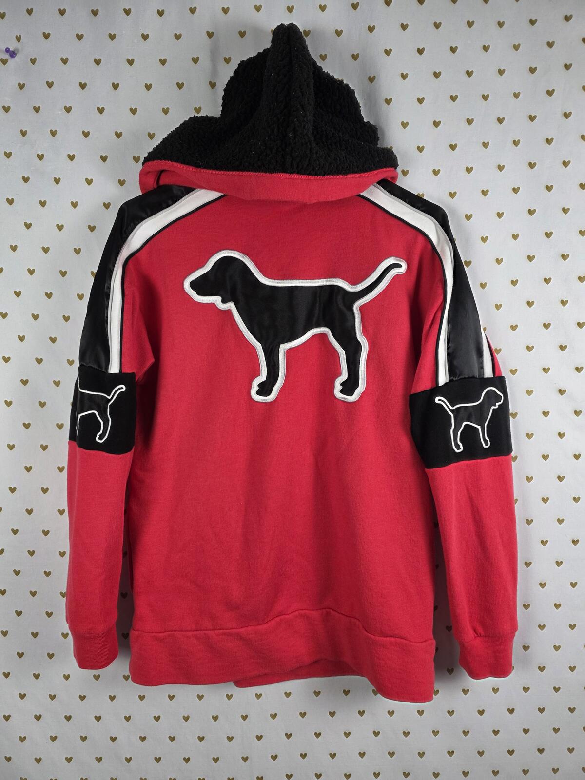 Victorias Secret Pink DOG LOGO Sherpa hoodie Sweater Pullover RED Xs