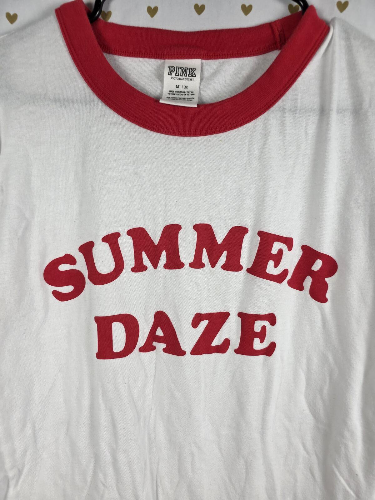 Victorias Secret PINK SUMMER DAZE Cute Ringer Tee shirt Red White MEDIUM