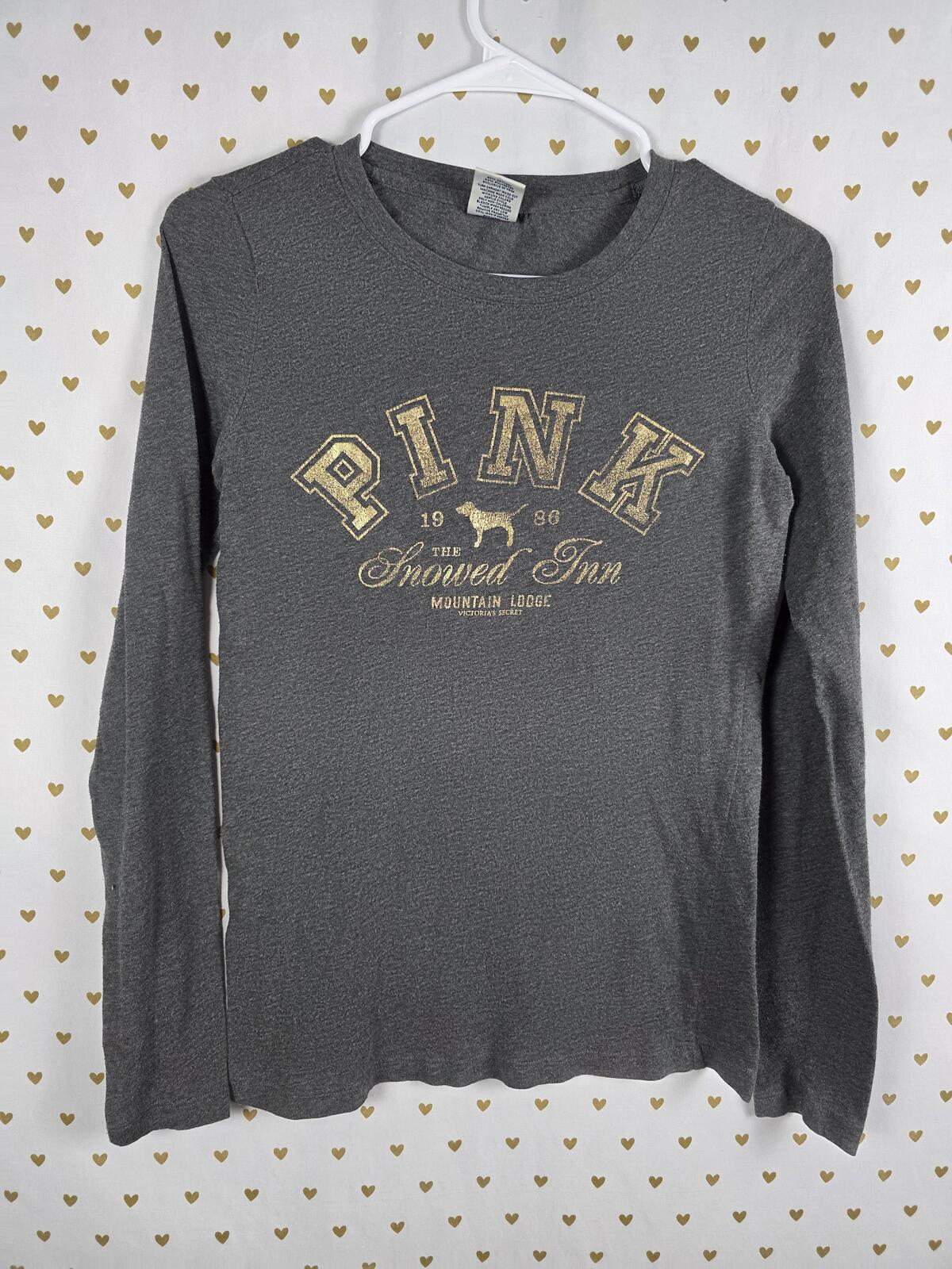 Victorias Secret PINK Long Sleeve Gold Logo Vintage Tee Shirt Lodge MEDIUM