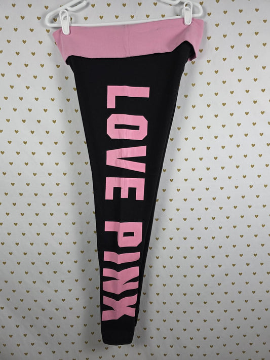 Victorias Secret PINK LOVE Logo FOLDOVER Yoga Pants Leggings LARGE