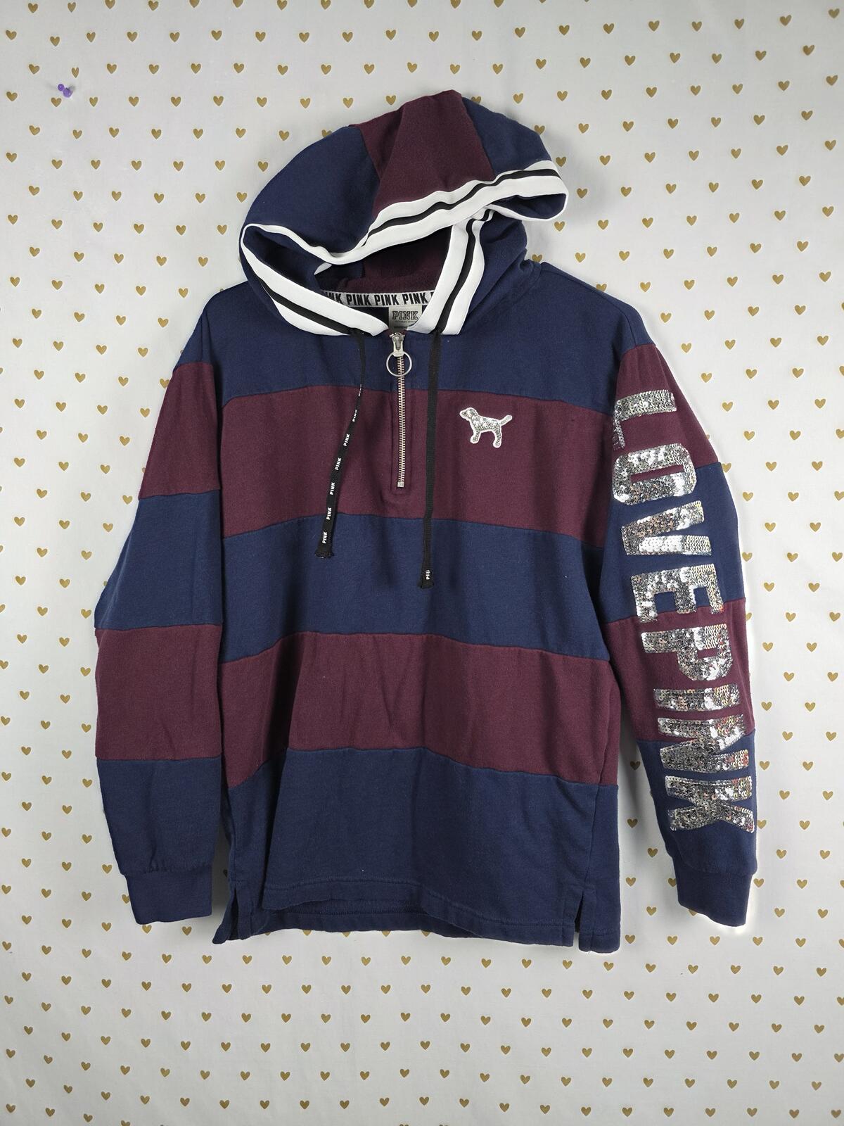 Victorias Secret Pink Striped BLING DOG SEQUINED Hoodie Shirt Quarter Zip XS