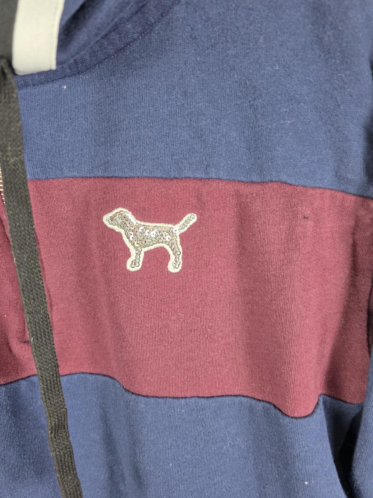 Victorias Secret Pink Striped BLING DOG SEQUINED Hoodie Shirt Quarter Zip XS