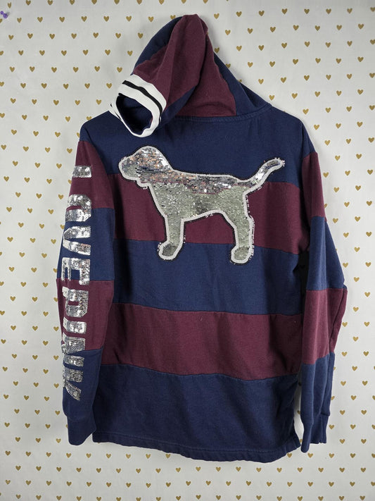 Victorias Secret Pink Striped BLING DOG SEQUINED Hoodie Shirt Quarter Zip XS